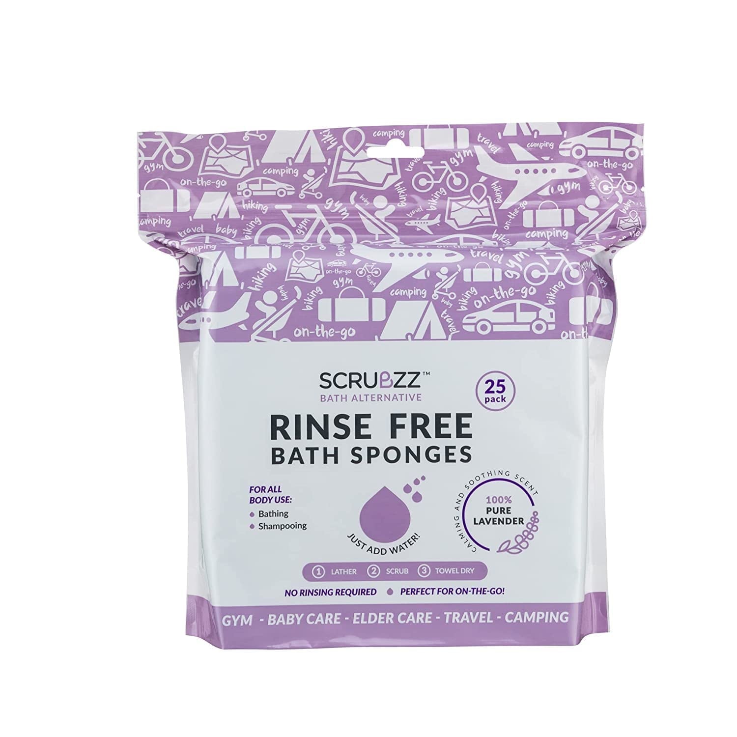 Scrubzzz Rinse-Free Bath Sponges - 25 pack - Lavender